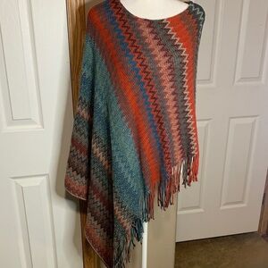 Woven Heart Asymmetrical Fall Colors Fringe Poncho S/M